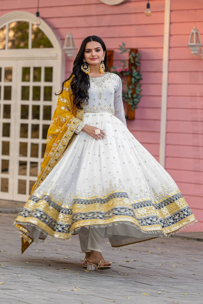 Heavy Faux Georgette Embroidered Gown Set with Dupatta & Bottom - Rosepetals Luxe