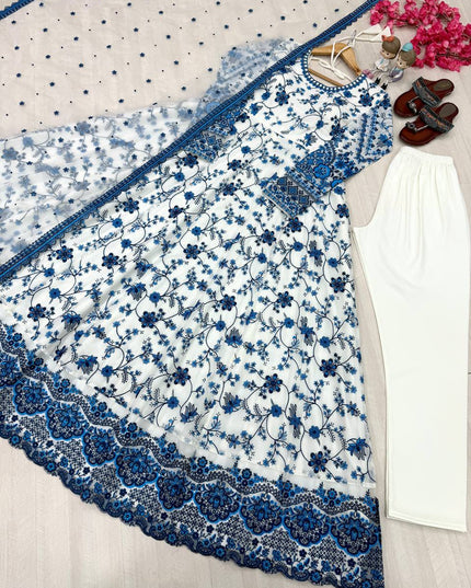 Heavy Faux Georgette Party Wear Gown with Bottom and Dupatta Set | Heavy Embroidery Work - Rosepetals Luxe