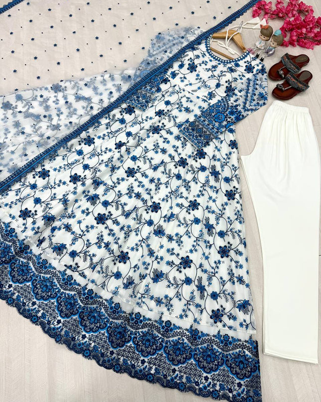 Heavy Faux Georgette Party Wear Gown with Bottom and Dupatta Set | Heavy Embroidery Work - Rosepetals Luxe
