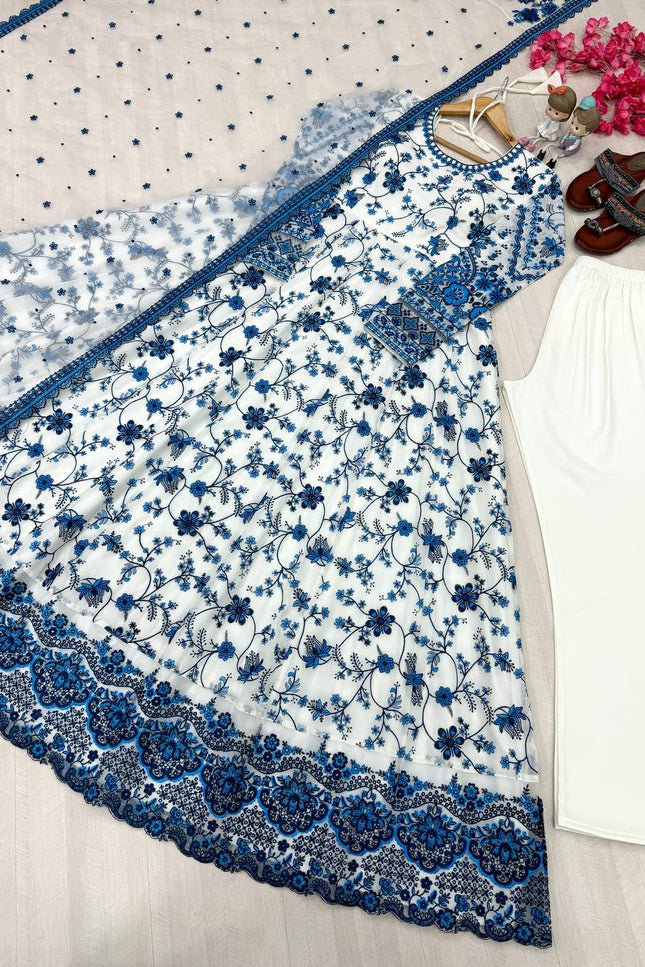Heavy Faux Georgette Party Wear Gown with Bottom and Dupatta Set | Heavy Embroidery Work - Rosepetals Luxe