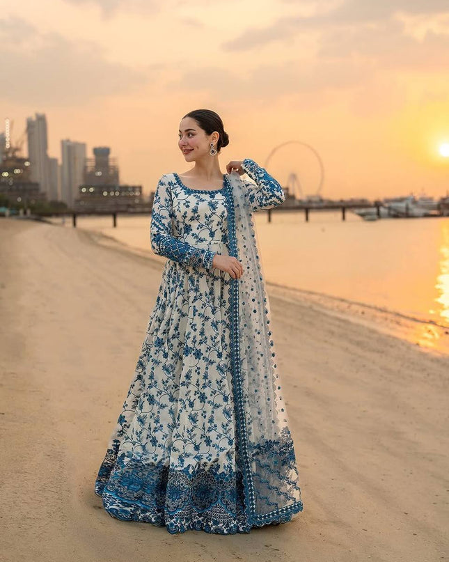 Heavy Faux Georgette Party Wear Gown with Bottom and Dupatta Set | Heavy Embroidery Work - Rosepetals Luxe