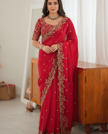 Heavy Fendi Silk Saree | Thread & Sequin Embroidery | Unstitched Blouse - Rosepetals Luxe