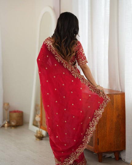 Heavy Fendi Silk Saree | Thread & Sequin Embroidery | Unstitched Blouse - Rosepetals Luxe