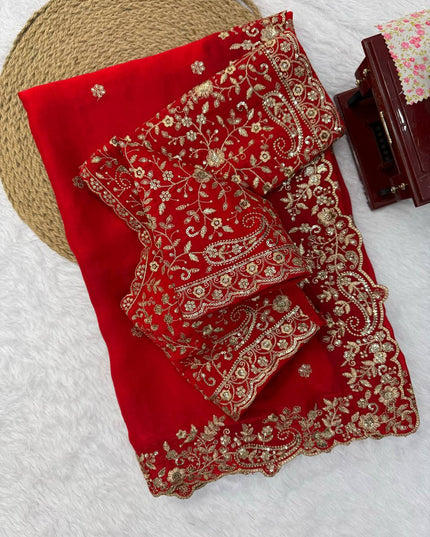 Heavy Fendi Silk Saree | Thread & Sequin Embroidery | Unstitched Blouse - Rosepetals Luxe