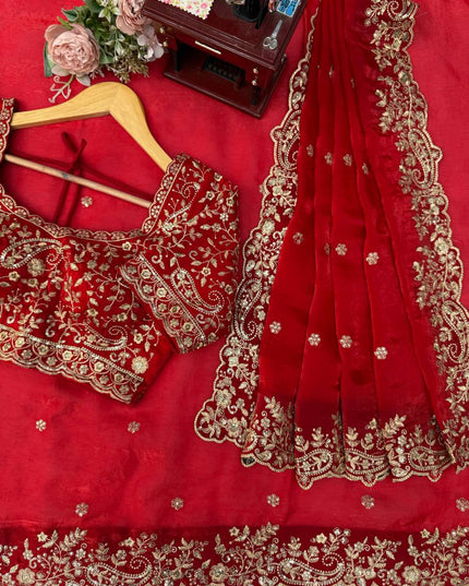 Heavy Fendi Silk Saree | Thread & Sequin Embroidery | Unstitched Blouse - Rosepetals Luxe