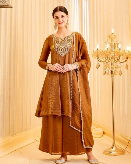 Heavy Fendy Silk Embroidered 3 Piece Suit Set | Coding Sequence Work | Festive & Party Wear - Rosepetals Luxe