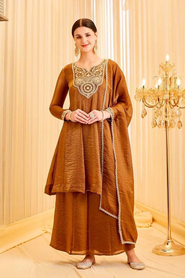 Heavy Fendy Silk Embroidered 3 Piece Suit Set | Coding Sequence Work | Festive & Party Wear - Rosepetals Luxe