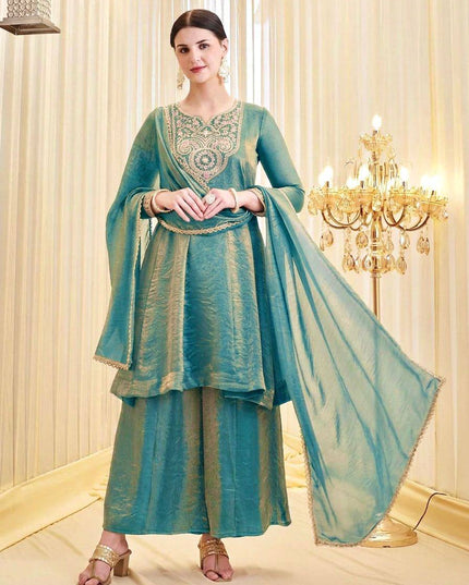 Heavy Fendy Silk Embroidered 3 Piece Suit Set | Coding Sequence Work | Festive & Party Wear - Rosepetals Luxe
