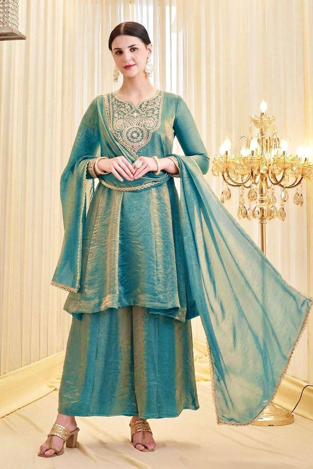 Heavy Fendy Silk Embroidered 3 Piece Suit Set | Coding Sequence Work | Festive & Party Wear - Rosepetals Luxe
