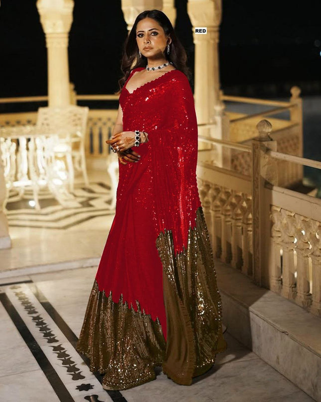 Heavy Georgette Dual Sequins Saree with Silk Blouse | Blockbuster Design - Rosepetals Luxe