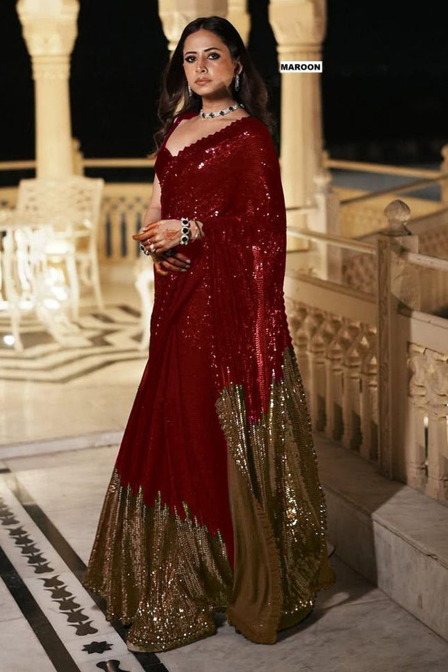 Heavy Georgette Dual Sequins Saree with Silk Blouse | Blockbuster Design - Rosepetals Luxe