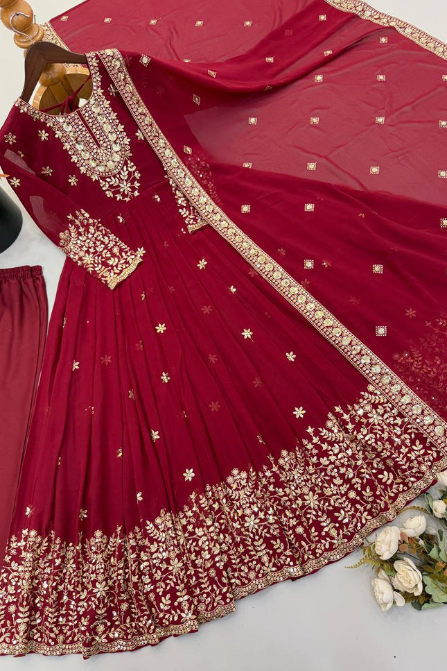 Heavy Georgette Embroidered Gown Set with Pant & Dupatta | Fully Stitched | Party & Festive Wear - Rosepetals Luxe