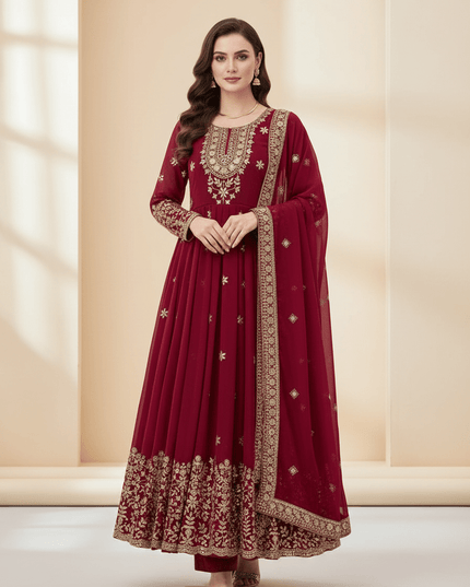 Heavy Georgette Embroidered Gown Set with Pant & Dupatta | Fully Stitched | Party & Festive Wear - Rosepetals Luxe