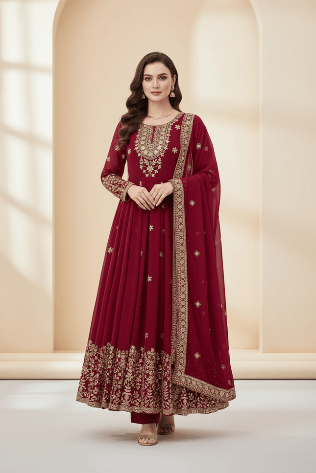 Heavy Georgette Embroidered Gown Set with Pant & Dupatta | Fully Stitched | Party & Festive Wear - Rosepetals Luxe