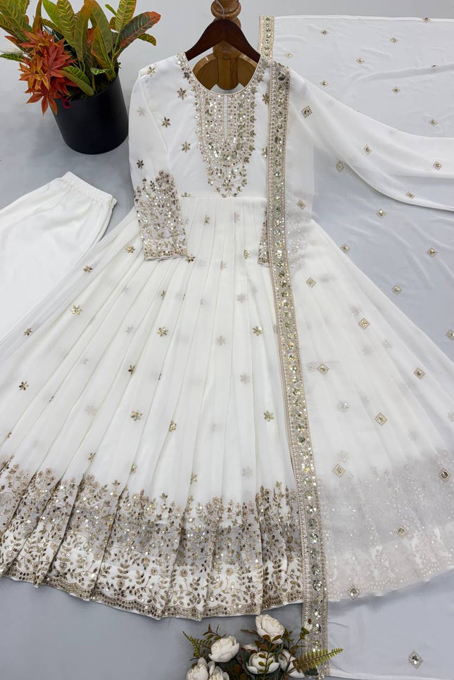 Heavy Georgette Embroidered Gown Set with Pant & Dupatta | Fully Stitched | Party & Festive Wear - Rosepetals Luxe