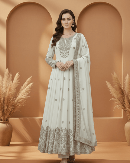 Heavy Georgette Embroidered Gown Set with Pant & Dupatta | Fully Stitched | Party & Festive Wear - Rosepetals Luxe