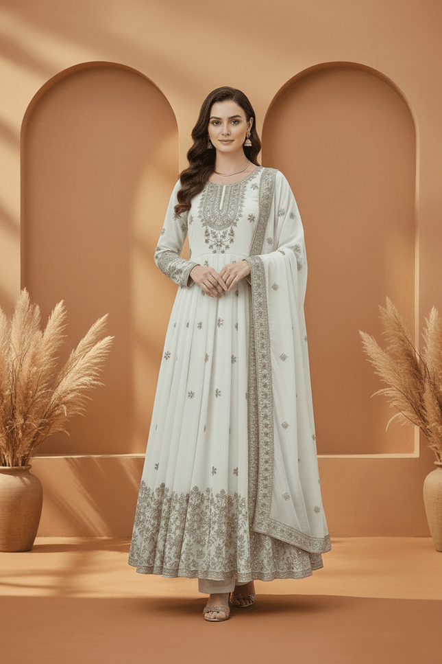 Heavy Georgette Embroidered Gown Set with Pant & Dupatta | Fully Stitched | Party & Festive Wear - Rosepetals Luxe