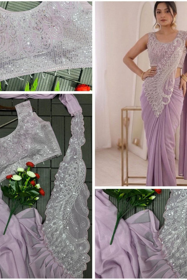 Heavy Georgette Embroidery Sequence Work Saree | Ready to Wear | Fully Stitched Blouse - Rosepetals Luxe
