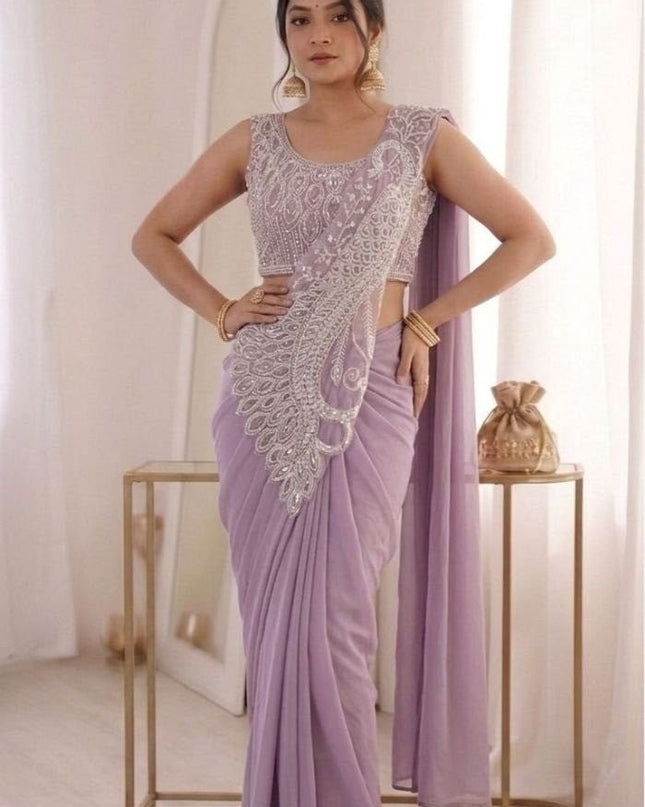 Heavy Georgette Embroidery Sequence Work Saree | Ready to Wear | Fully Stitched Blouse - Rosepetals Luxe