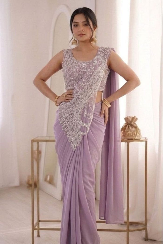 Heavy Georgette Embroidery Sequence Work Saree | Ready to Wear | Fully Stitched Blouse - Rosepetals Luxe