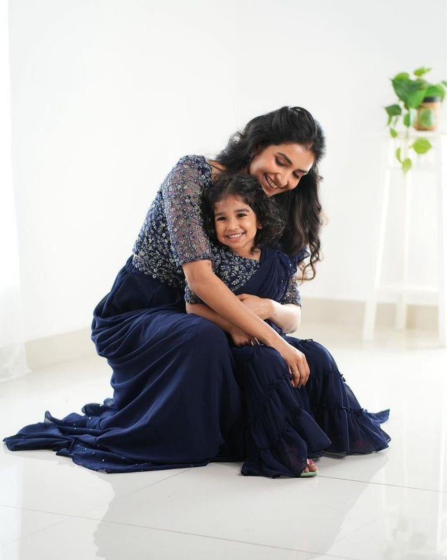 Heavy Georgette Mother Daughter Combo | Party Wear Lahenga Saree With Stiched Blouse - Rosepetals Luxe