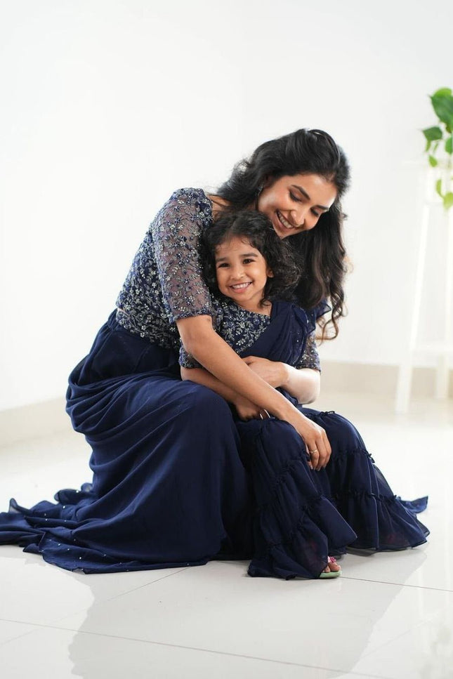 Heavy Georgette Mother Daughter Combo | Party Wear Lahenga Saree With Stiched Blouse - Rosepetals Luxe