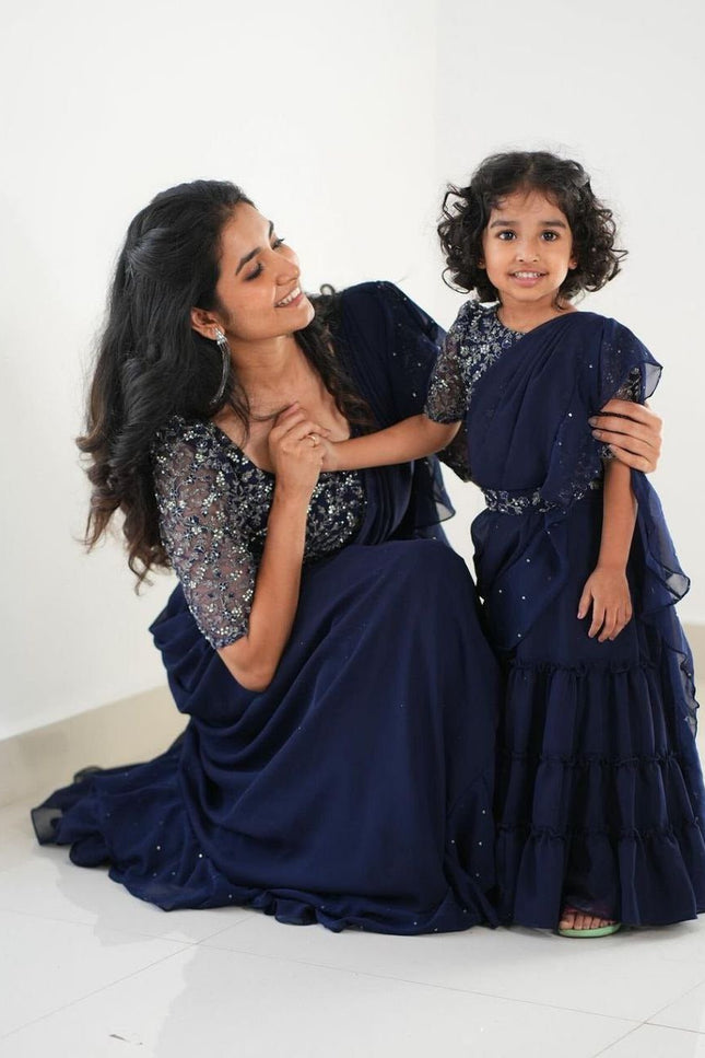 Heavy Georgette Mother Daughter Combo | Party Wear Lahenga Saree With Stiched Blouse - Rosepetals Luxe