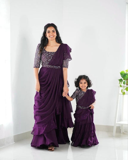 Heavy Georgette Mother Daughter Combo | Party Wear Lahenga Saree With Stiched Blouse - Rosepetals Luxe