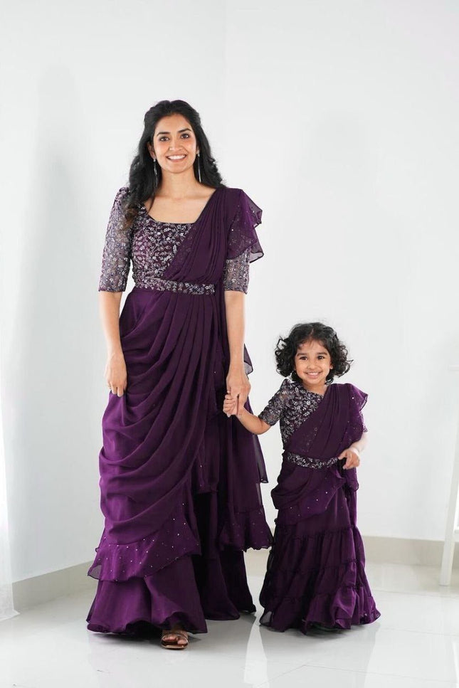 Heavy Georgette Mother Daughter Combo | Party Wear Lahenga Saree With Stiched Blouse - Rosepetals Luxe