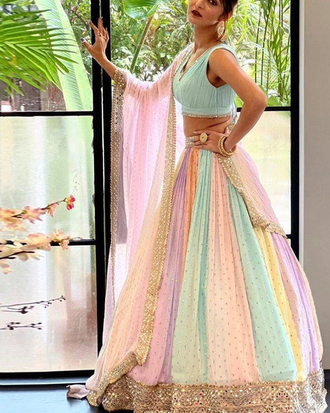 Heavy Georgette Multi Colour Lehenga Set | Sequins Work + Paper Mirror Work - Rosepetals Luxe