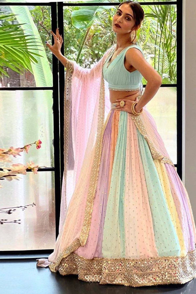 Heavy Georgette Multi Colour Lehenga Set | Sequins Work + Paper Mirror Work - Rosepetals Luxe