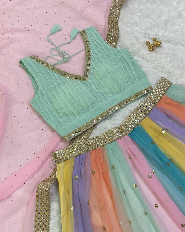Heavy Georgette Multi Colour Lehenga Set | Sequins Work + Paper Mirror Work - Rosepetals Luxe