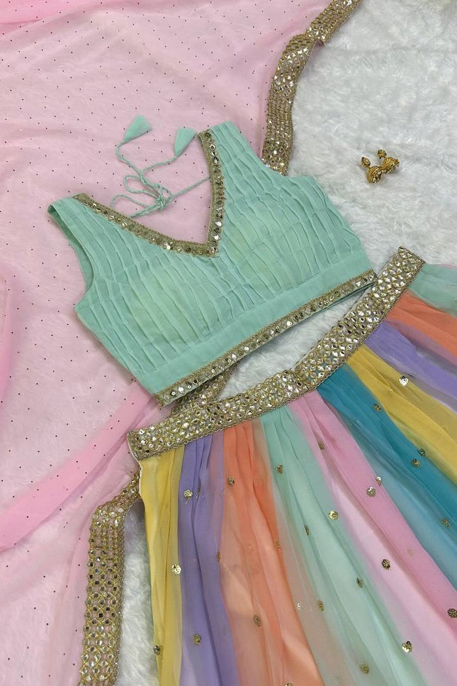 Heavy Georgette Multi Colour Lehenga Set | Sequins Work + Paper Mirror Work - Rosepetals Luxe