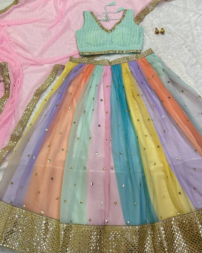 Heavy Georgette Multi Colour Lehenga Set | Sequins Work + Paper Mirror Work - Rosepetals Luxe