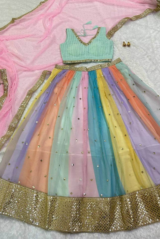 Heavy Georgette Multi Colour Lehenga Set | Sequins Work + Paper Mirror Work - Rosepetals Luxe