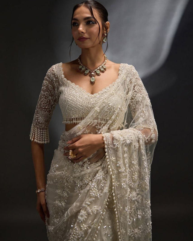 Heavy Mono Net 5MM Multi Sequins Saree with Embroidered Net Blouse Piece - Rosepetals Luxe