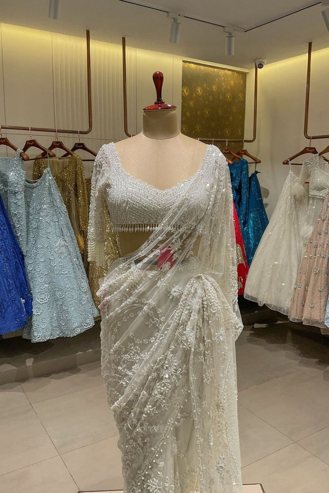 Heavy Mono Net 5MM Multi Sequins Saree with Embroidered Net Blouse Piece - Rosepetals Luxe