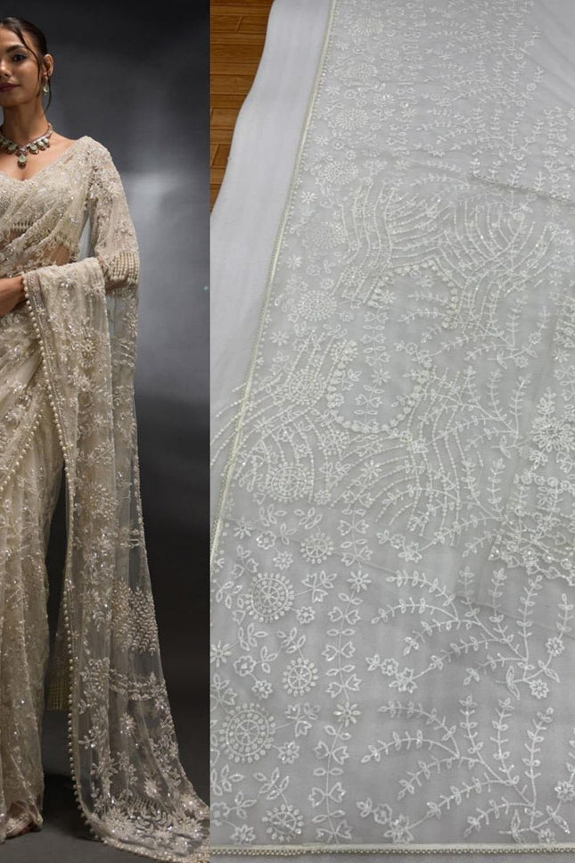 Heavy Mono Net 5MM Multi Sequins Saree with Embroidered Net Blouse Piece - Rosepetals Luxe