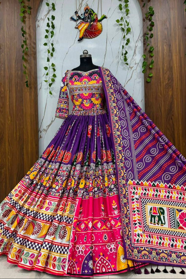 Heavy Muslin Cotton Digital Print & Mirror Work Lehenga Set | Fully Stitched with Dupatta - Rosepetals Luxe