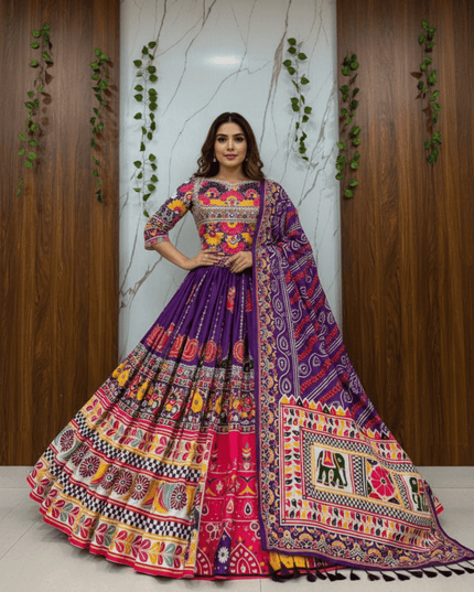 Heavy Muslin Cotton Digital Print & Mirror Work Lehenga Set | Fully Stitched with Dupatta - Rosepetals Luxe