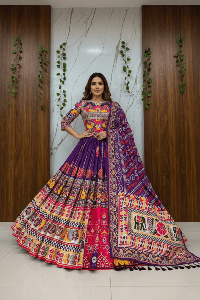 Heavy Muslin Cotton Digital Print & Mirror Work Lehenga Set | Fully Stitched with Dupatta - Rosepetals Luxe