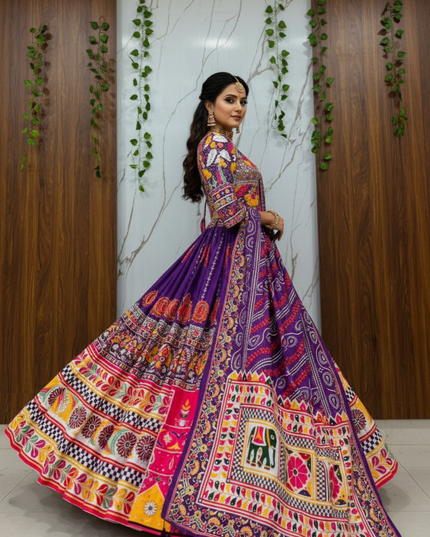 Heavy Muslin Cotton Digital Print & Mirror Work Lehenga Set | Fully Stitched with Dupatta - Rosepetals Luxe