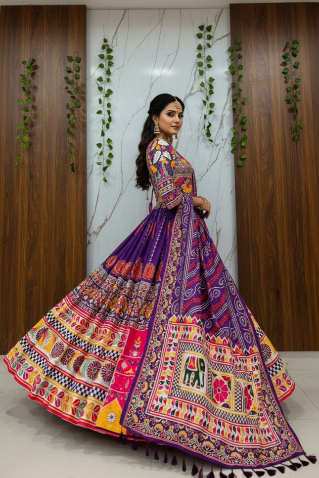 Heavy Muslin Cotton Digital Print & Mirror Work Lehenga Set | Fully Stitched with Dupatta - Rosepetals Luxe