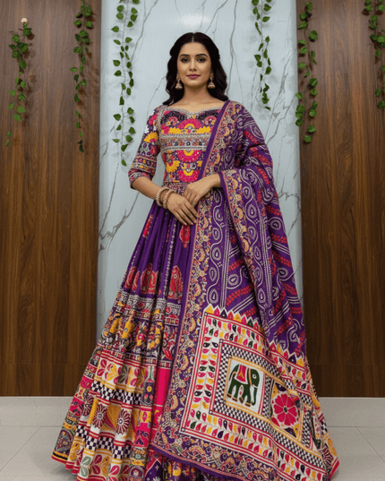 Heavy Muslin Cotton Digital Print & Mirror Work Lehenga Set | Fully Stitched with Dupatta - Rosepetals Luxe