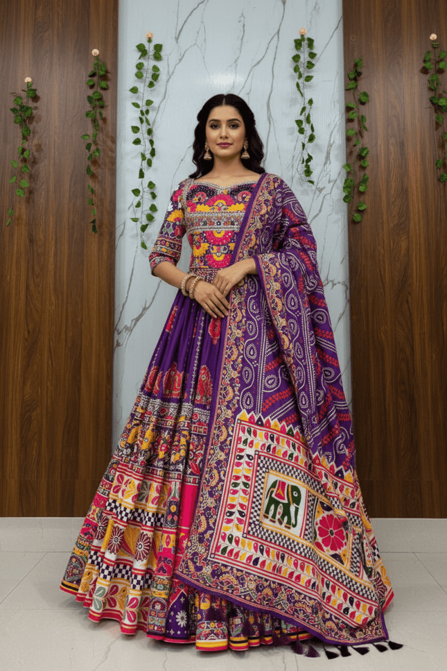 Heavy Muslin Cotton Digital Print & Mirror Work Lehenga Set | Fully Stitched with Dupatta - Rosepetals Luxe