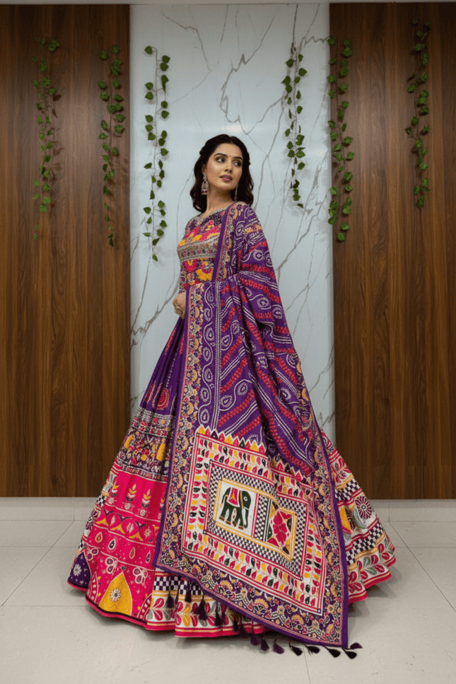 Heavy Muslin Cotton Digital Print & Mirror Work Lehenga Set | Fully Stitched with Dupatta - Rosepetals Luxe