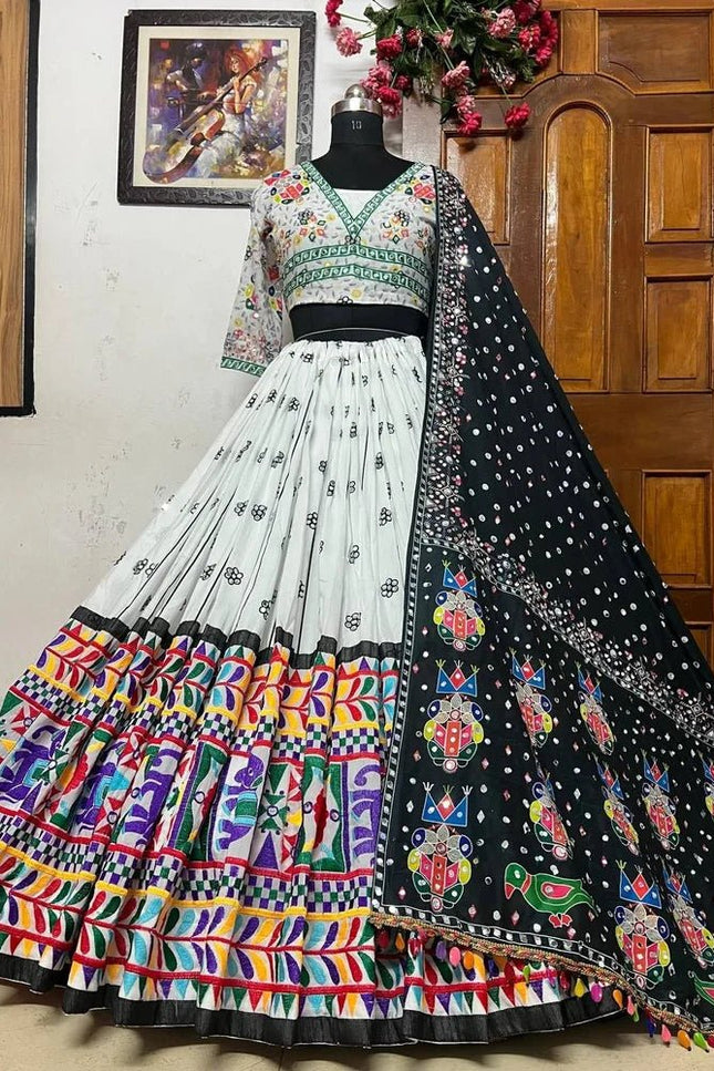 Heavy Muslin Cotton Embroidered & Mirror Work Lehenga Set | Fully Stitched with Dupatta - Rosepetals Luxe