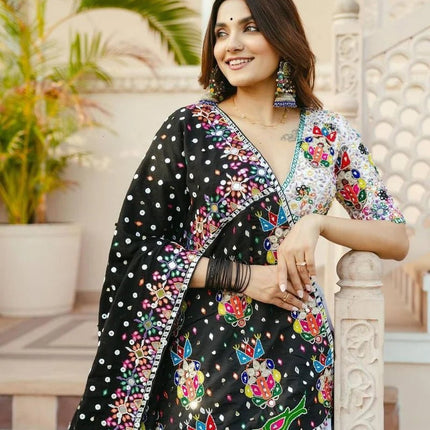 Heavy Muslin Cotton Embroidered & Mirror Work Lehenga Set | Fully Stitched with Dupatta - Rosepetals Luxe