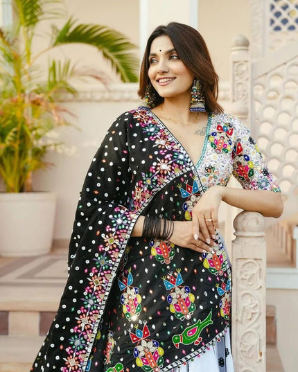 Heavy Muslin Cotton Embroidered & Mirror Work Lehenga Set | Fully Stitched with Dupatta - Rosepetals Luxe