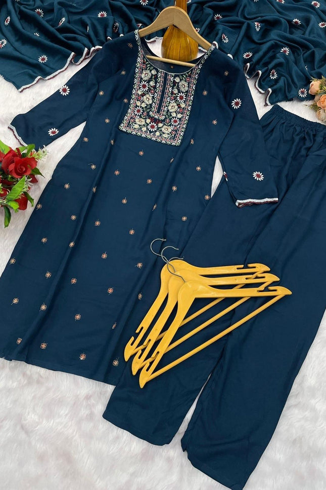 Heavy Rayon Embroidered Kurta Pant Set | Chiffon Dupatta | M–3XL - Rosepetals Luxe